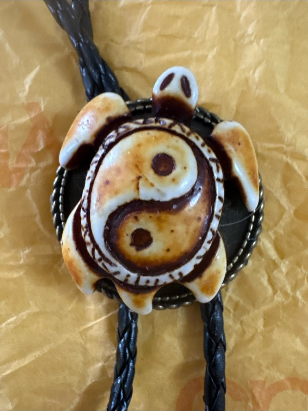 Turtle Yin Yang Bolo Tie - Brown Cream Reptile Accessory